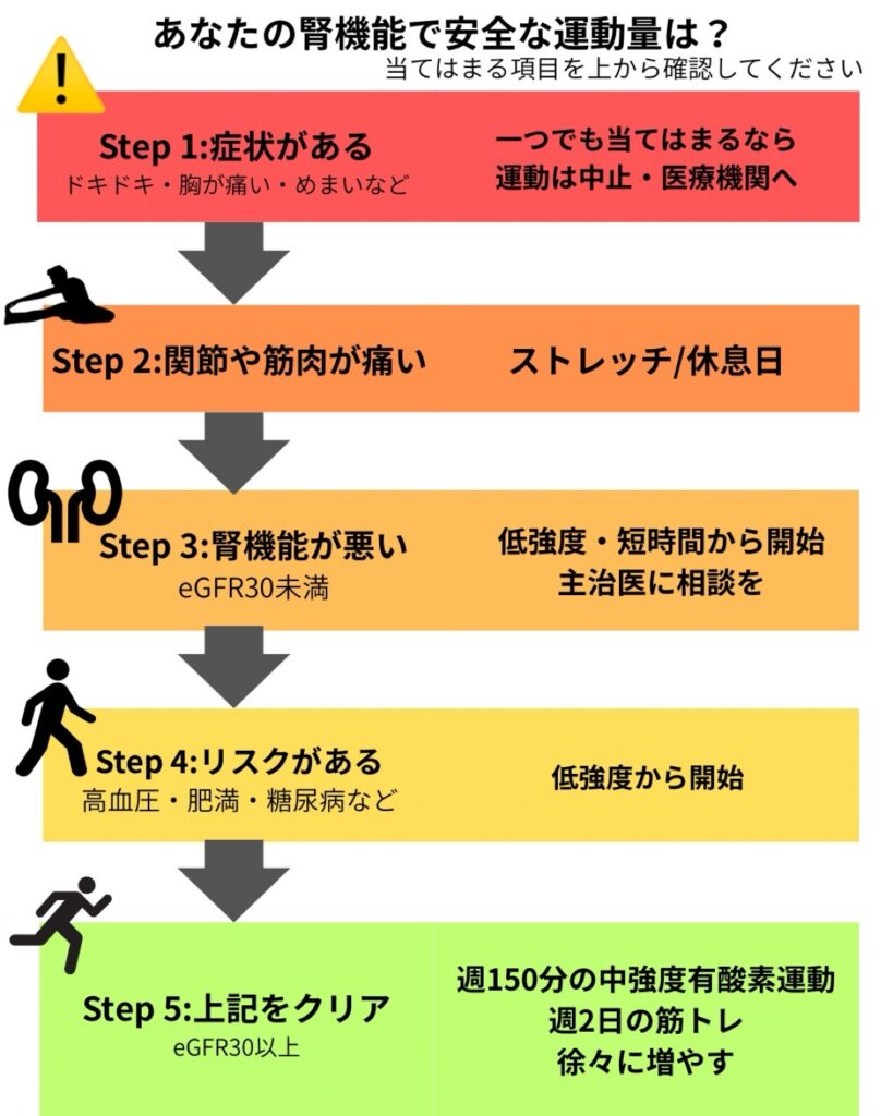 腎機能とリスク別の対応や運動を示したチャート