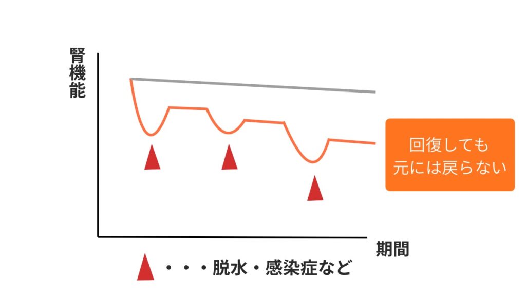 脱水を繰り返すと、腎臓は元に戻らなくなることを説明する図