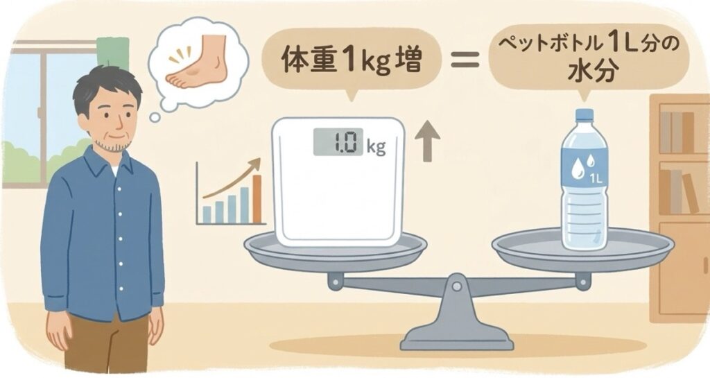 短期間での1kgの体重増加は身体に水の満たされた1Lのペットボトルが追加されたようなイメージ